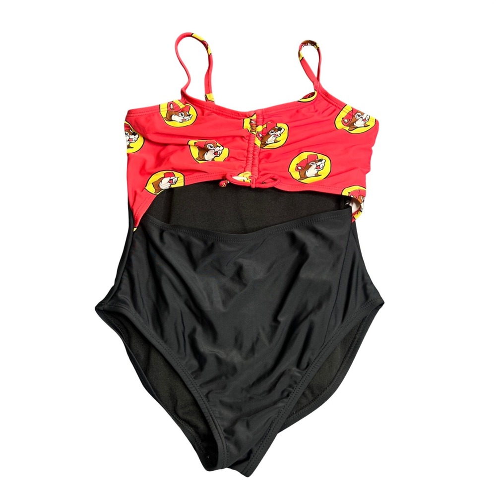 Buc-ees Girls One Piece Swimsuit Red Black Beaver Logo Cutout Youth Large YL